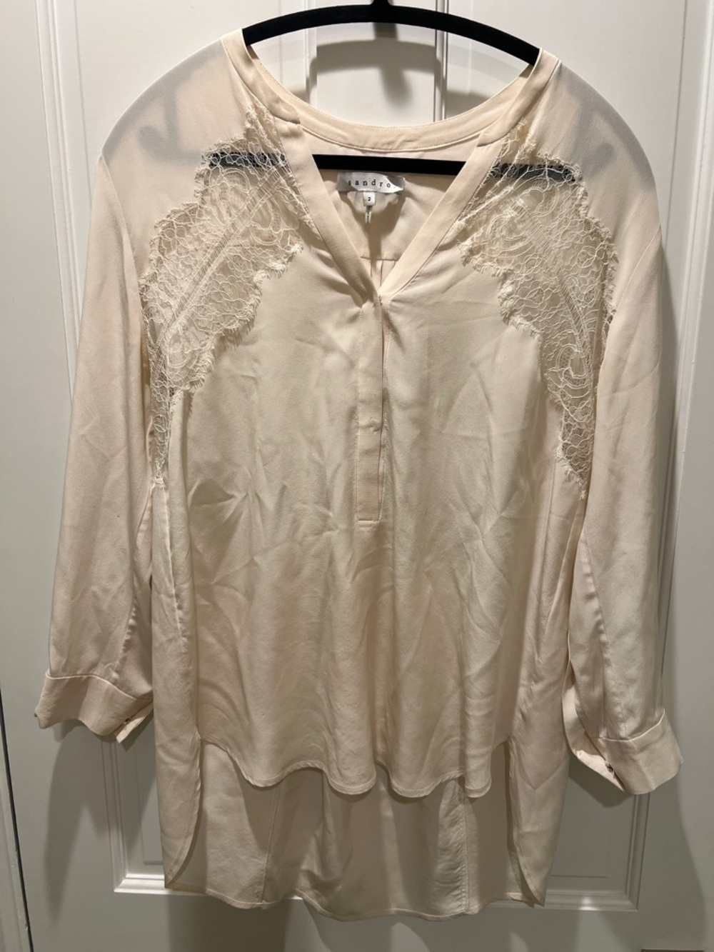 Sandro Cream Lace-Trim V-Neck Silk Tunic